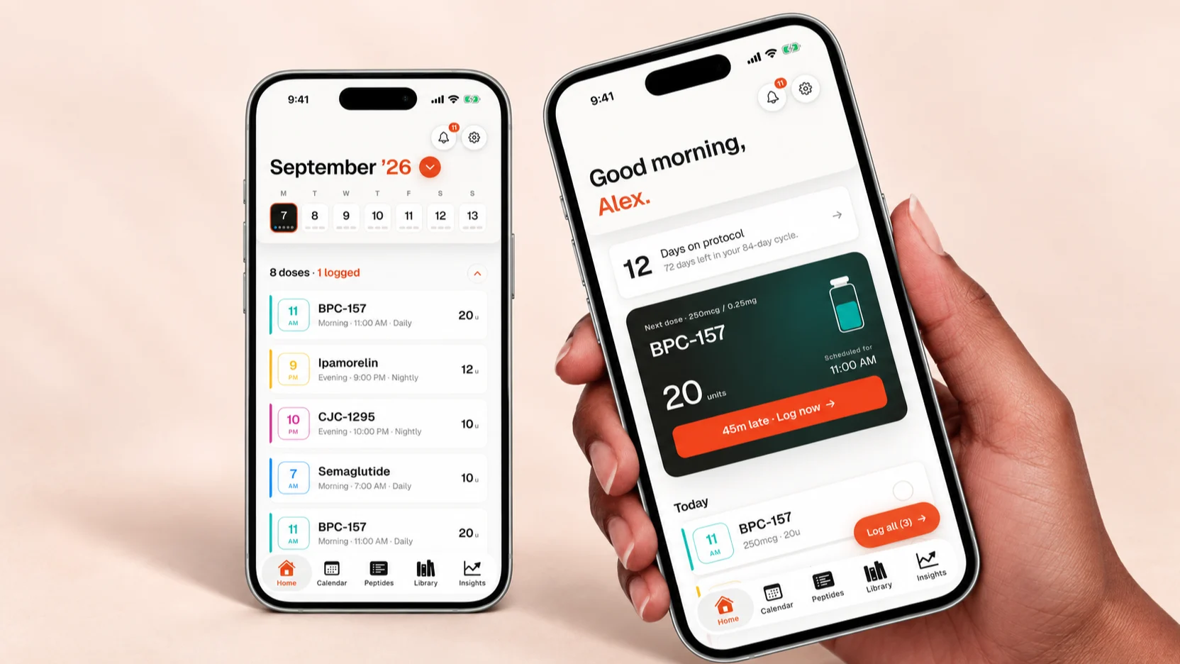 Peptmate iOS app home and schedule screens in a landscape mockup