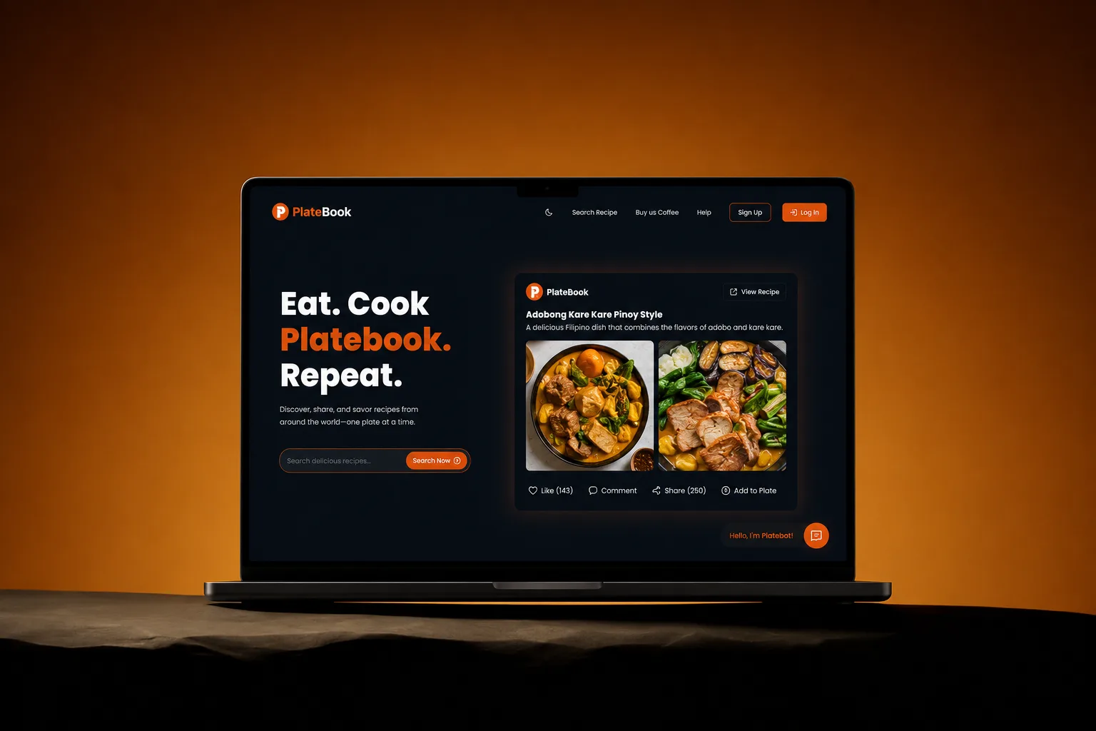 Platebook social recipe platform shown on a laptop
