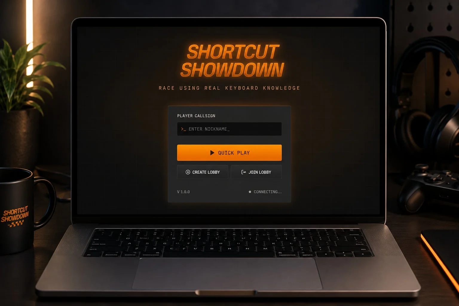 Shortcut Showdown game lobby displayed on a laptop