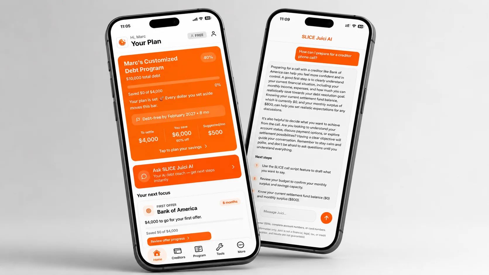 SLICE debt resolution app shown on two phones
