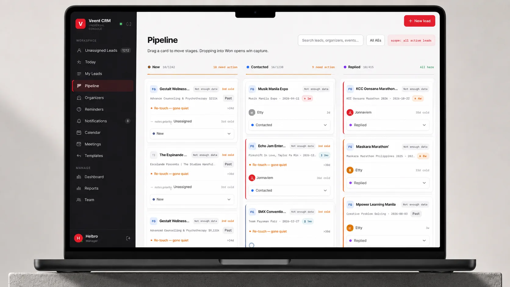 Veent CRM pipeline displayed on a laptop